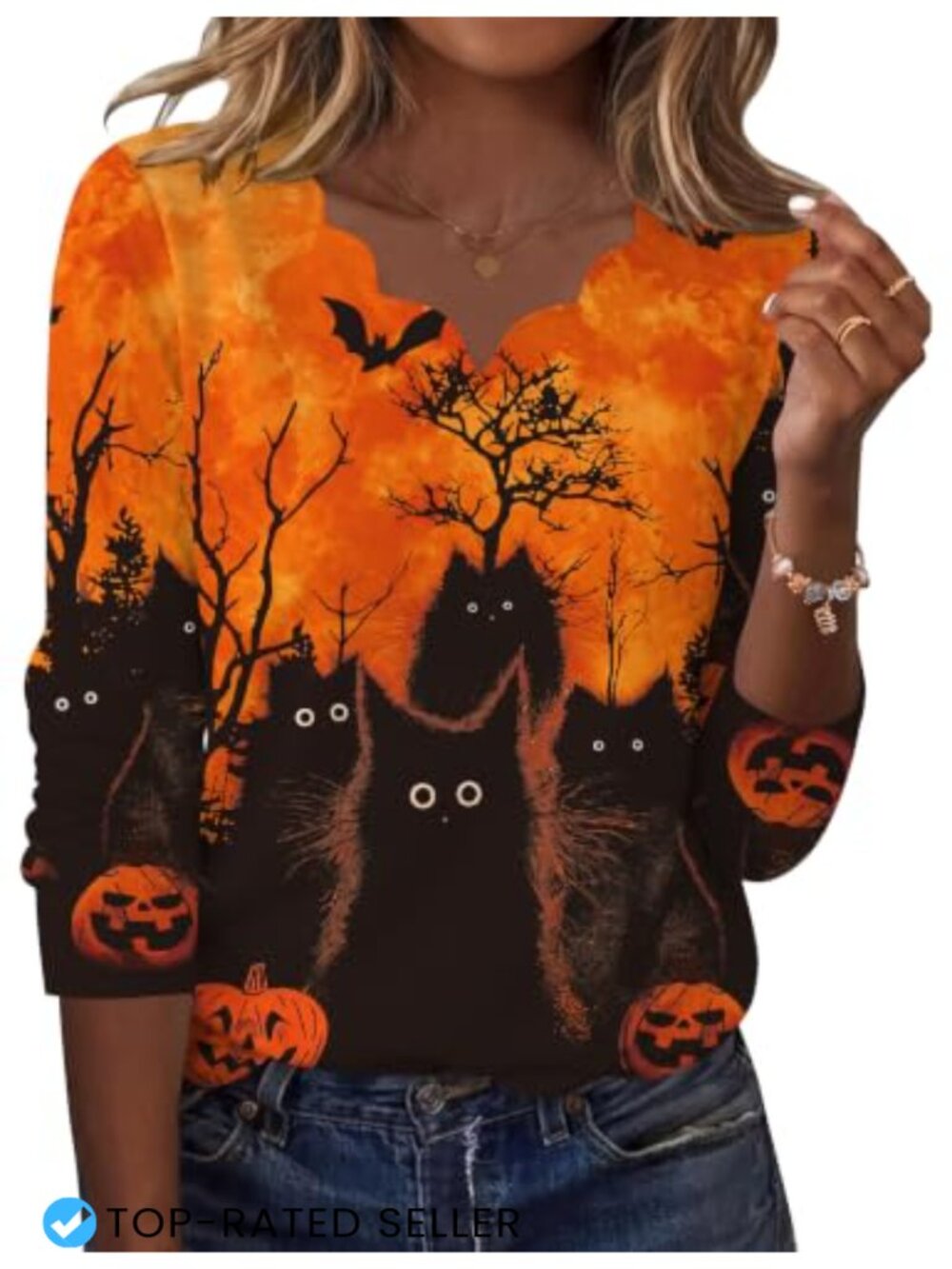 Women's Halloween Graphic Long Sleeve V-Neck Top Soft Lightweight